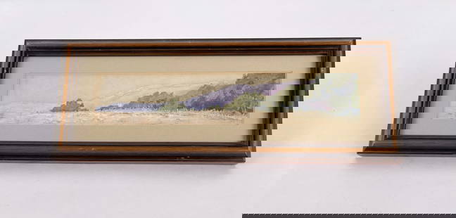 Agnes Baldwin Fairchild California Painting: 4" by 10 5/8" framed. Gouache on paper. Note on back reads: Grandmother Agnes Baldwin Fairchild studied art painting with Carl Oscar Borg, Edward Borein, Colin Campbell Cooper, Bertha S Lee at or near
