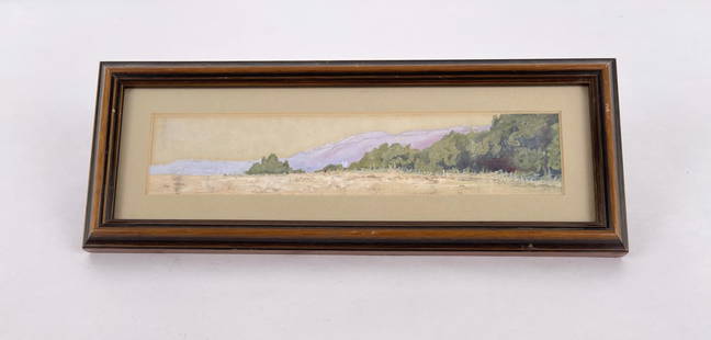 Agnes Baldwin Fairchild California Painting: 4" by 10 5/8" framed. Gouache on paper. Note on back reads: Grandmother Agnes Baldwin Fairchild studied art painting with Carl Oscar Borg, Edward Borein, Colin Campbell Cooper, Bertha S Lee at or