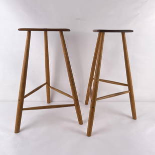 Mid Century Wharton Esherick Style Stools: Very nice set. Design appears to have been inspired by Wharton Esherick. Not signed. Very high quality craftsmanship. 26" tall, 18 1/4" long, 15 1/4" wide.