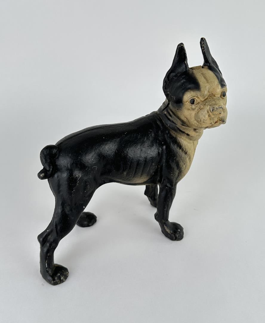 Cast Iron Boston Terrier Door Stop: Reproduction. 10" long, 9 3/4" tall, 4 1/2" wide.