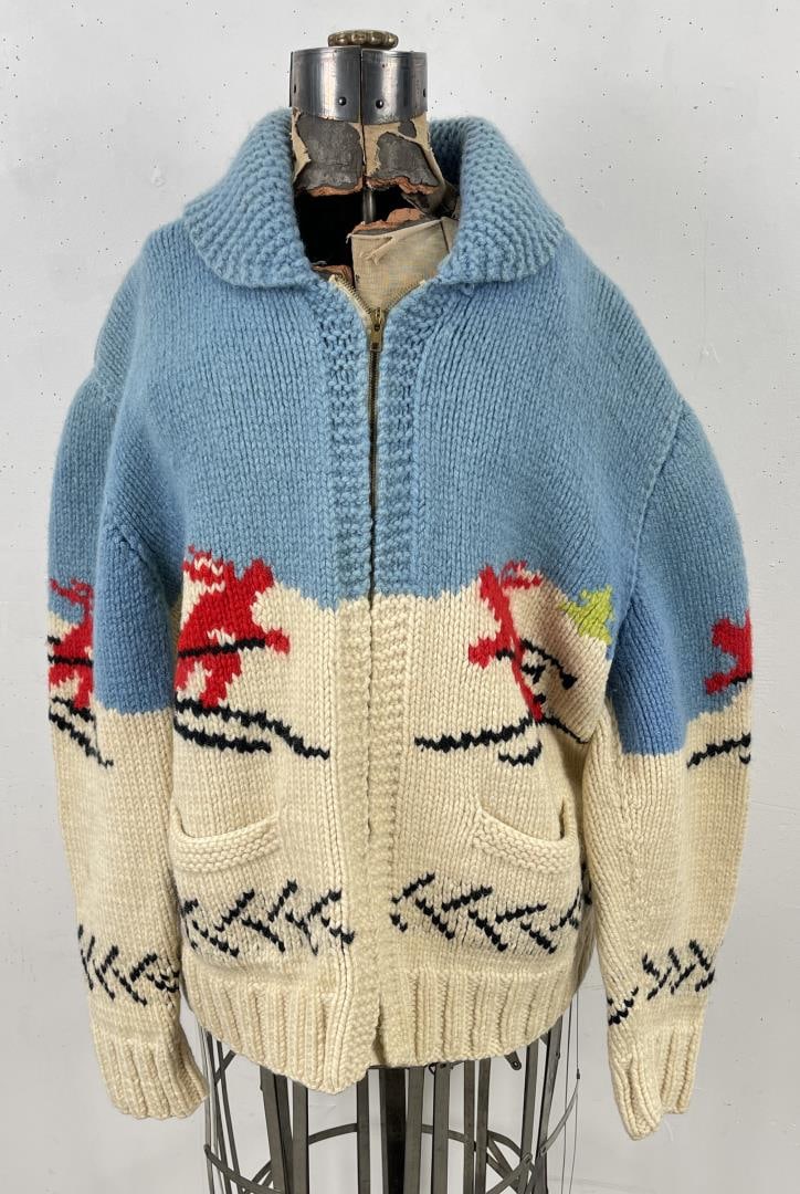 Vintage Cowichan Indian Zip Up Sweater Skiers: 23" armpit to armpit, 30" long.