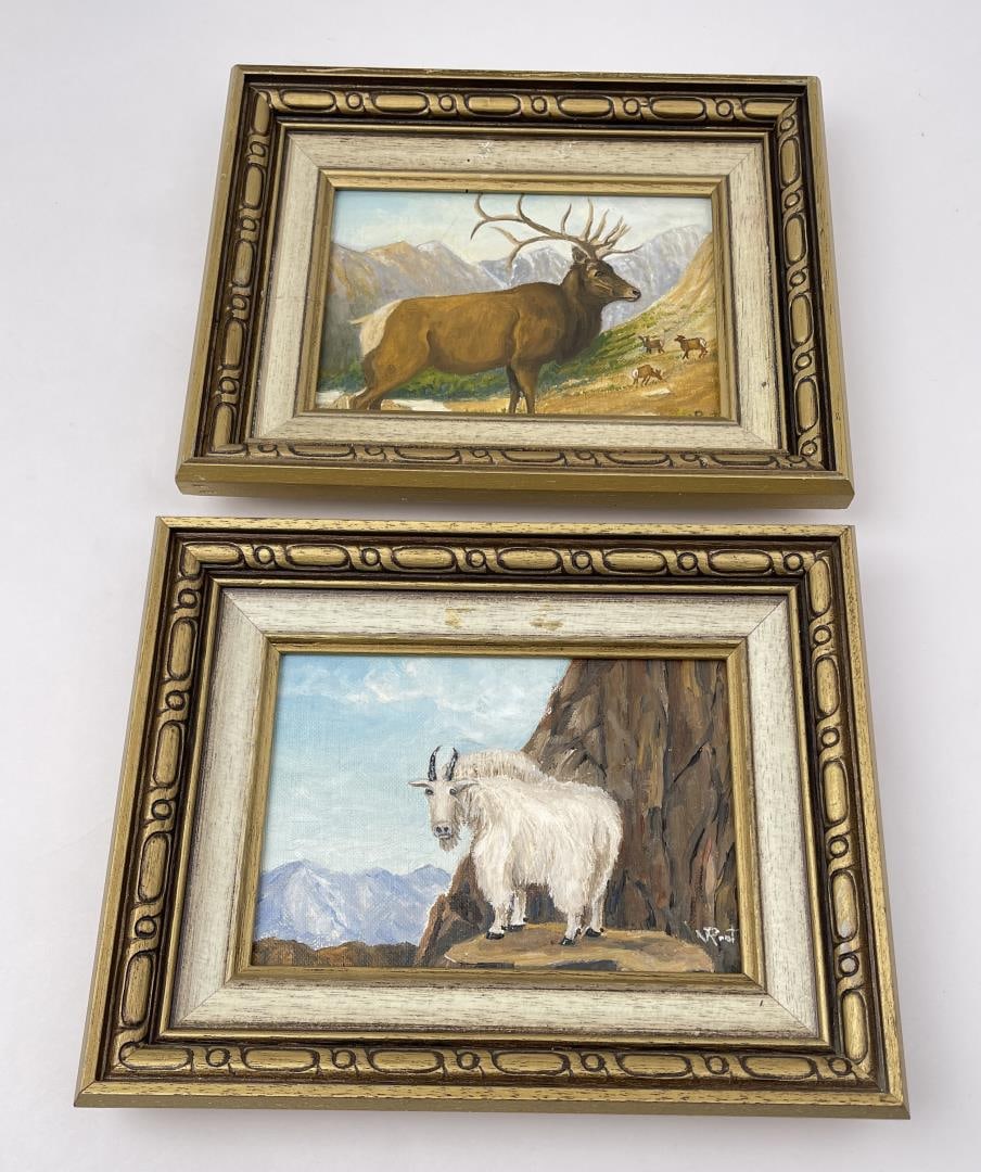 Violet Root Framed Paintings Elk & Mountain Goat: Framed dimensions 10" by 8".