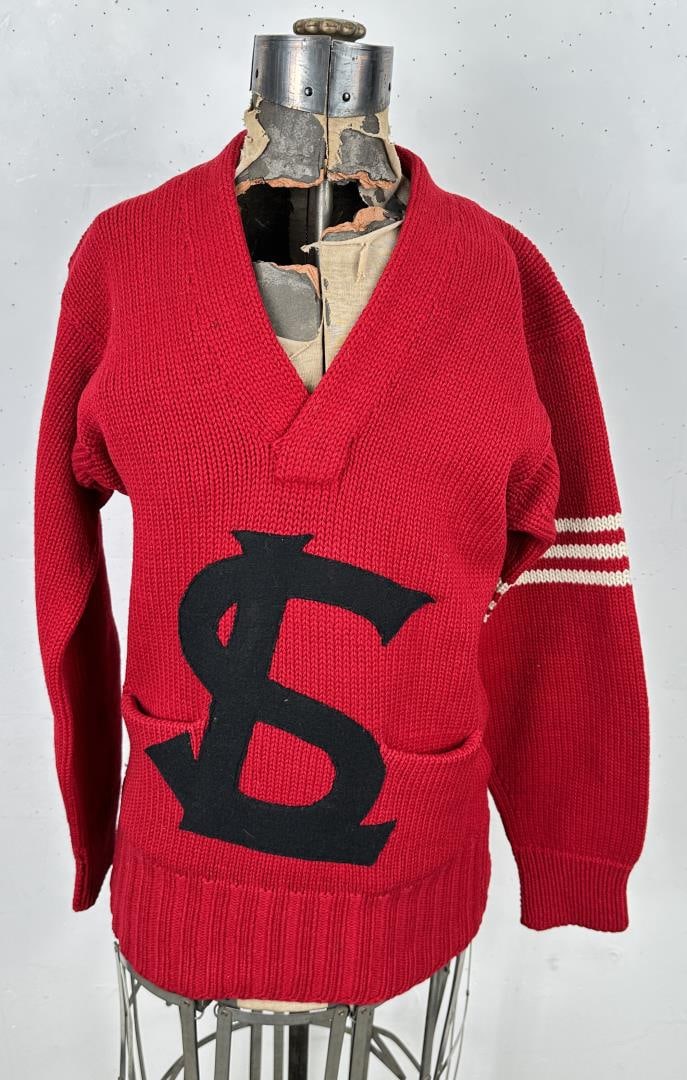 Vintage School Varsity Letter Sweater: Spokane Knitting Mills. 18" across the chest by 28" long.