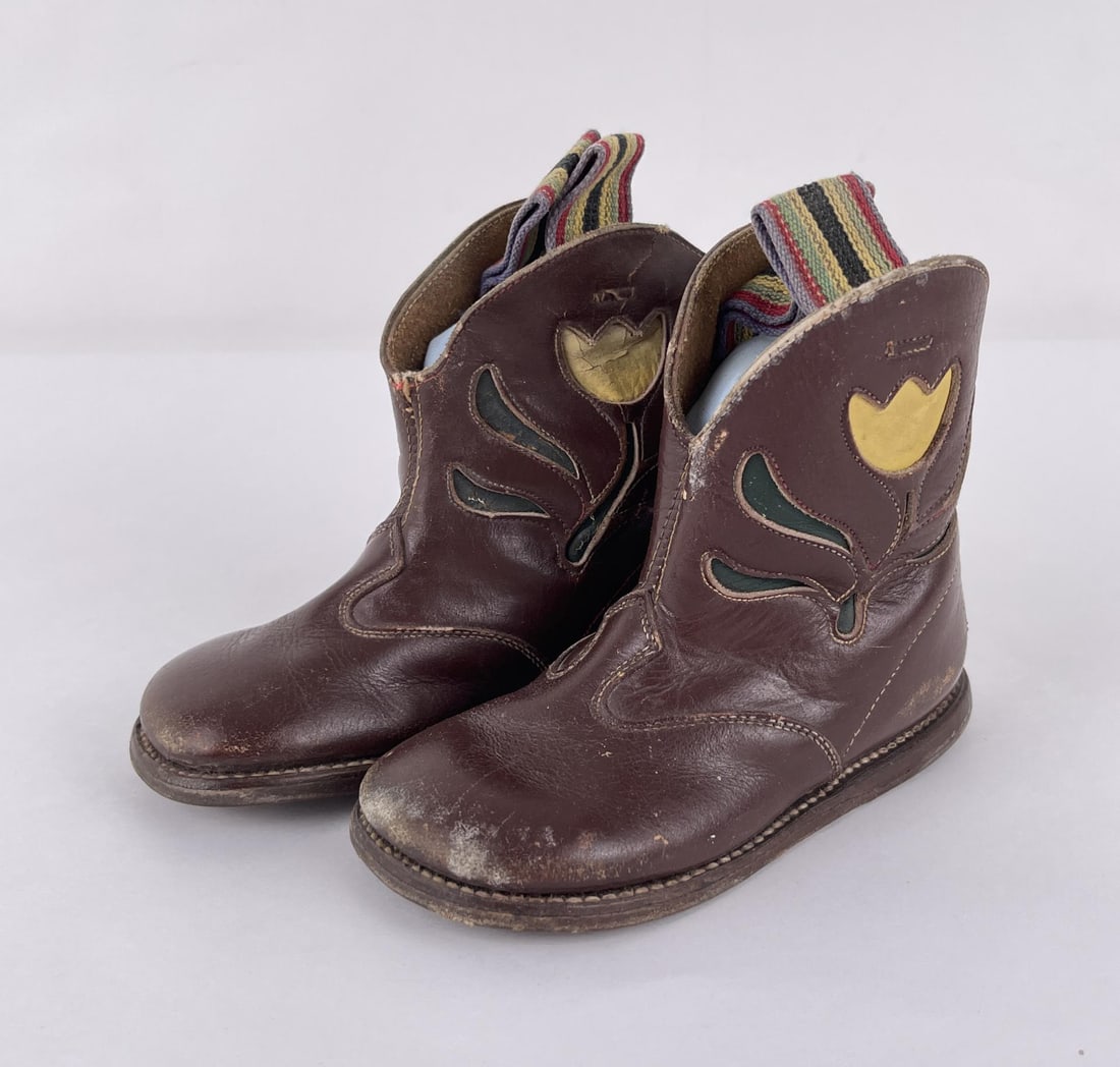 Antique Childs Inlaid Cowboy Boots: 5 5/8" tall, 5" long, 2 1/2" wide.