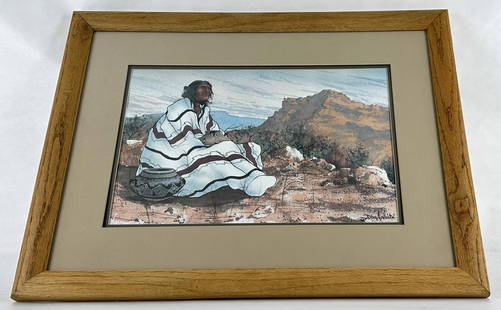 John A White Indian Watercolor Painting: 20 3/4" by 26 3/4" framed. John A. White (21st century) is active/lives in Oklahoma. John White is known for Illustrator, draftsman, southwest landscape painting, teaching. Professional artist John A.