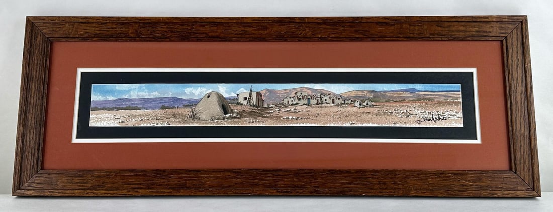 John A White Indian Watercolor Painting: 10 5/8" by 30" framed. John A. White (21st century) is active/lives in Oklahoma. John White is known for Illustrator, draftsman, southwest landscape painting, teaching. Professional artist John A. Whi