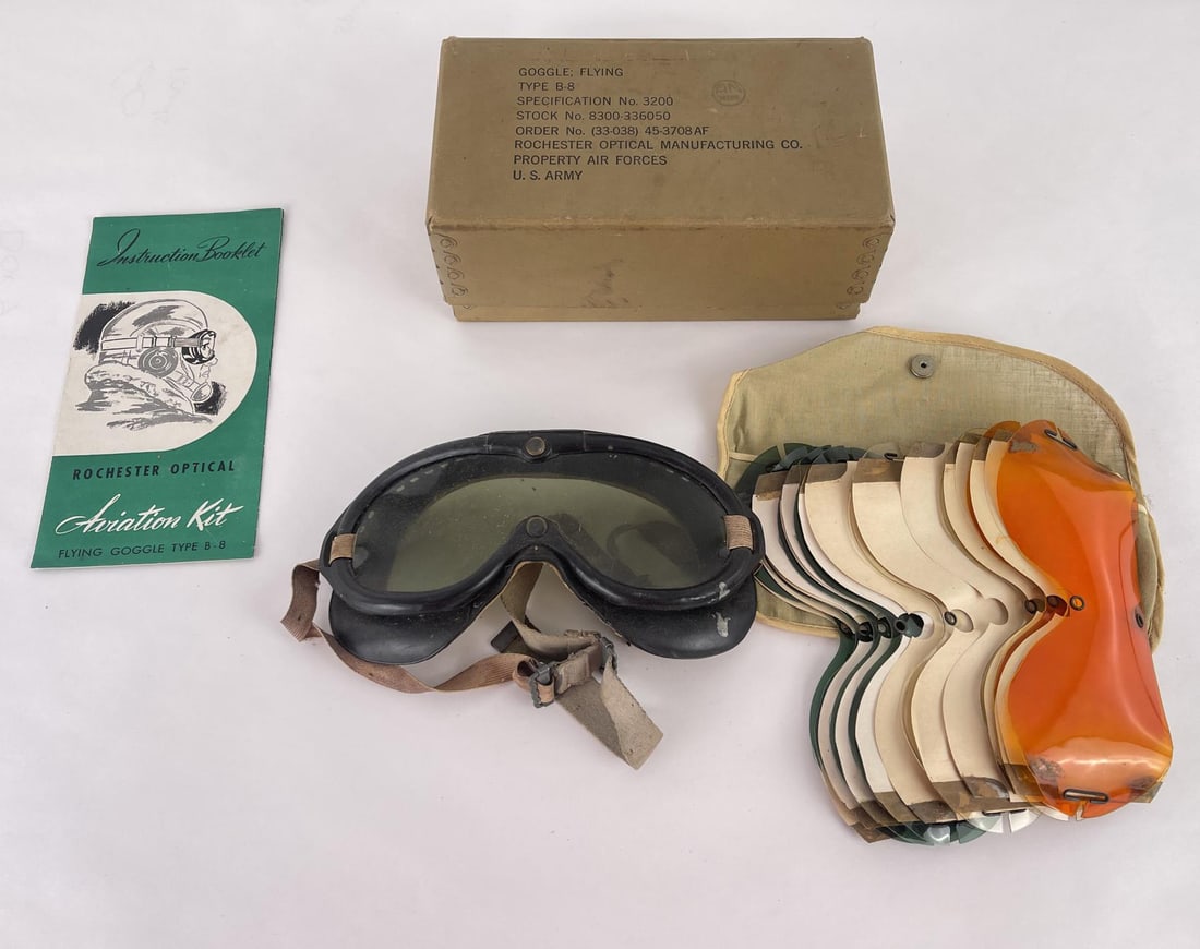 B-8 Flight Goggles Pilot in Box: Nice pair of goggles with interchangeable lenses. Made by Rochester Optical Manufacturing Co.