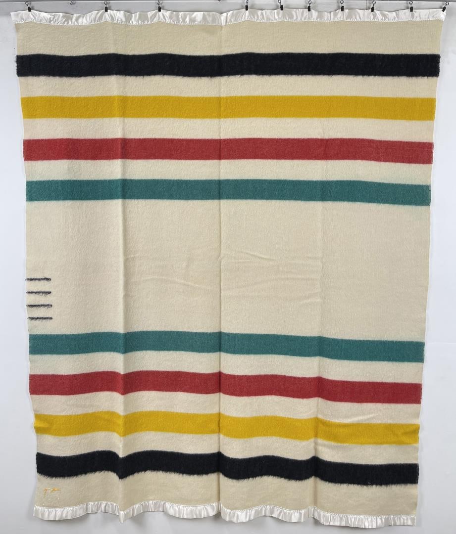 Hudsons Bay Company Wool Blanket 4 Point: 84 1/2" by 68". Tag is missing, but you can read Hudsons Bay as shown.