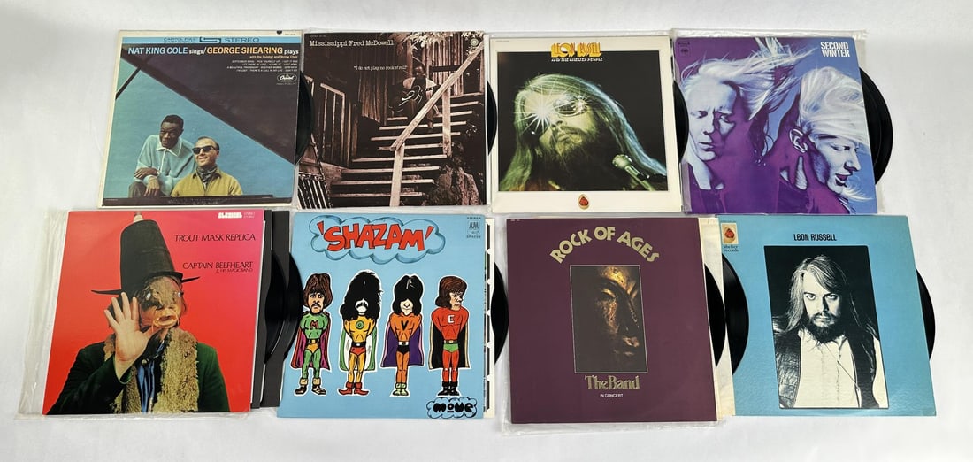 Collection Of Record Albums 33 LP: 8 Total. Nat King Cole, Mississippi Fred McDowell, Leon Russell, Second Winter, Captain Beefheart, Shazam, The Band.