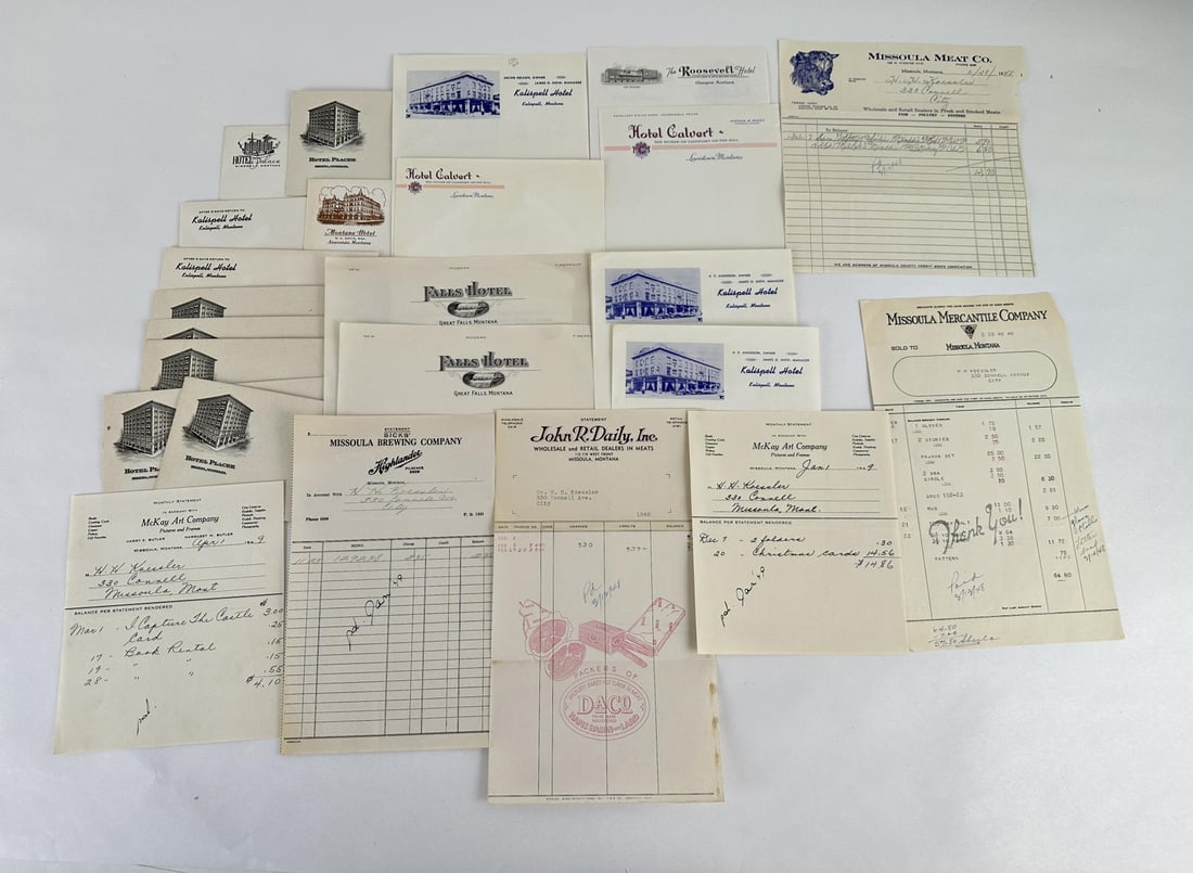 Collection of Montana Hotel Ephemera: Also included is ephemera from: Missoula Mercantile Company, Mckay Art Company, John Daily Meats, Highlander Brewing Company, Missoula Meat Company.
