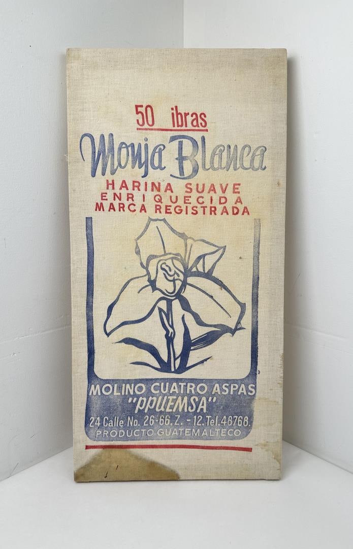 Spanish Guatemalan Flour Sack Wall Hanging: 13 1/4" by 26 1/4".