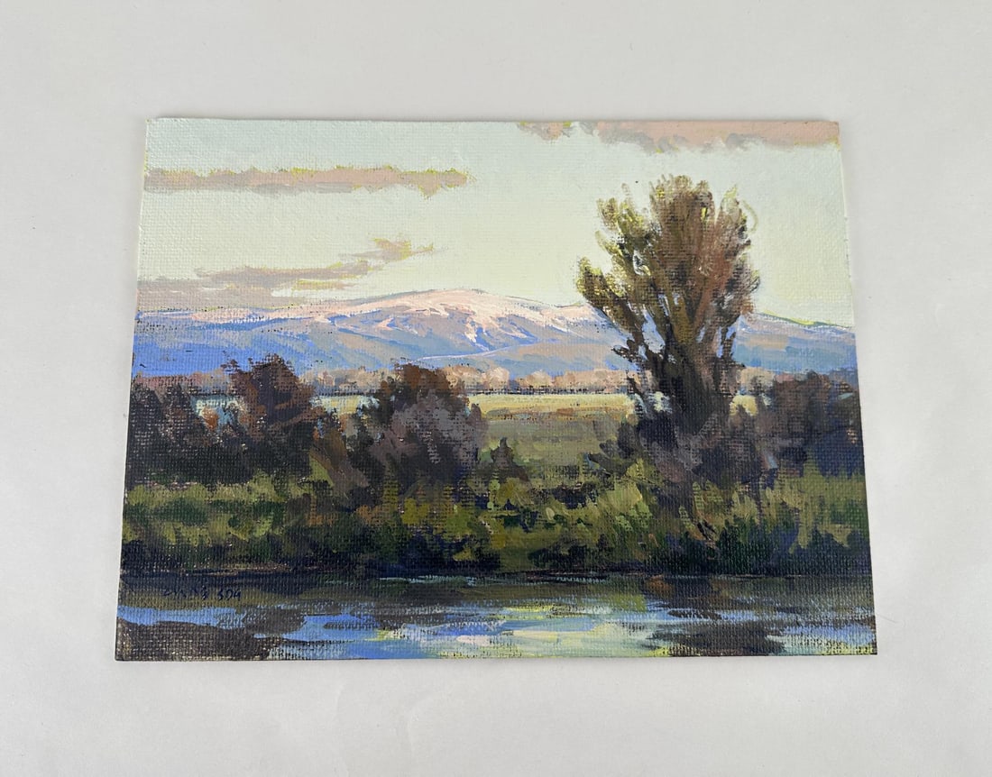 Taylor Lynde Montana Oil Painting: Title is Spring Turf Below Mt. Edith. 9" by 12". Taylor Lynde is a fourth generation resident of Montana. His career has been influenced by two men, artist Scott Switzer and his high school art teache