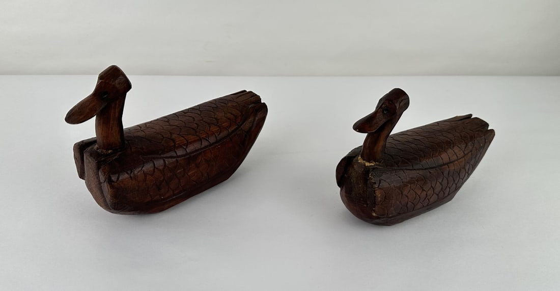 Antique Korean Carved Wood Wedding Ducks: 8 1/2" long, 6 1/4" tall.