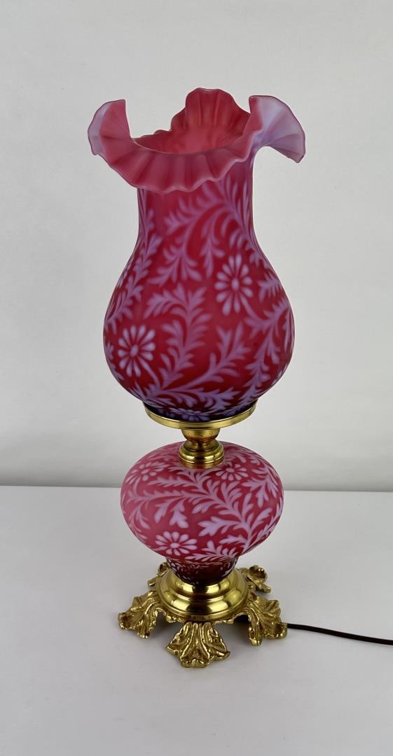 Fenton Daisy and Fern Cranberry Glass Lamp: 20" tall. Very pretty.