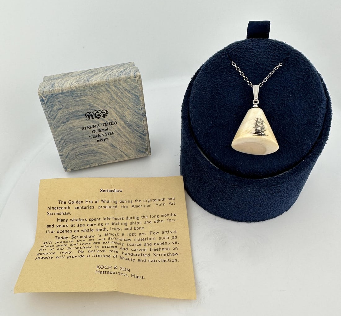 Alaska Inuit Eskimo Scrimshaw Necklace: Scrimshaw whale tooth tip. 8 1/4" long.