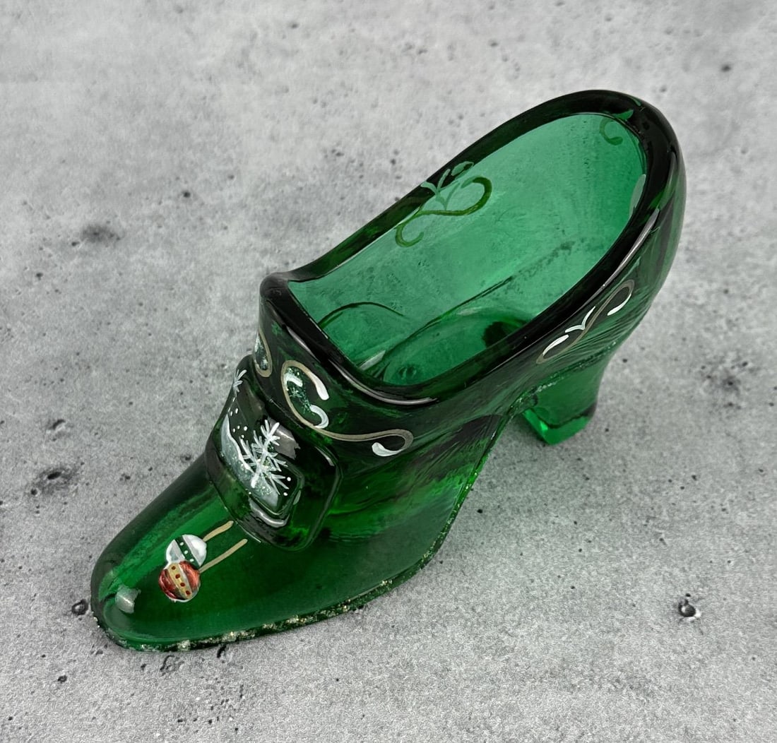 Fenton Glass Christmas Shoe Slipper: 4 1/2" long.