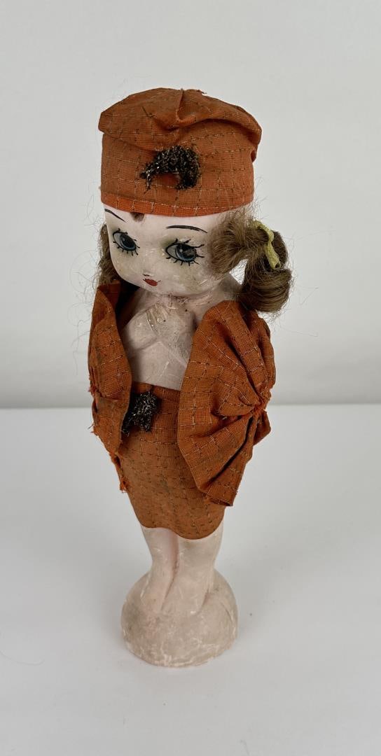 Antique Chalkware Flapper Carnival Kewpie Doll: Real Hair locks. 12 1/2" tall.