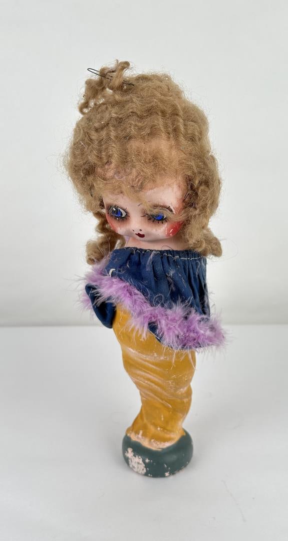 Antique Chalkware Flapper Carnival Kewpie Doll: Real Hair. 13 5/8" tall.