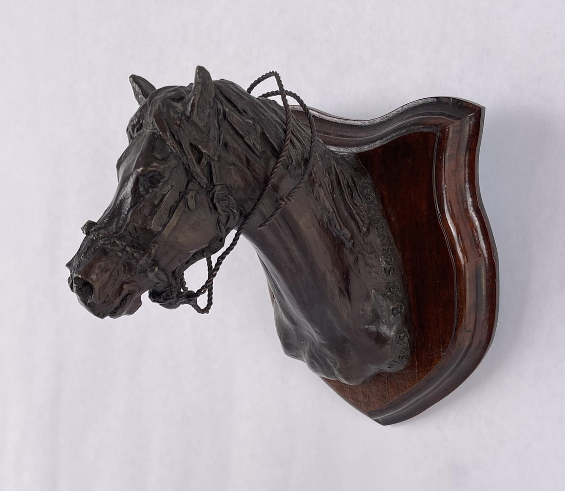 Bob Scriver Montana Horse Head Bronze: 7 3/8" long, 6 3/8" wide, 5 1/8" deep. Bob (Robert Macfie) Scriver (1914 - 1999) was active/lived in Montana. Bob Scriver is known for Animal and western sculpture. Bob Scriver was an elected member i