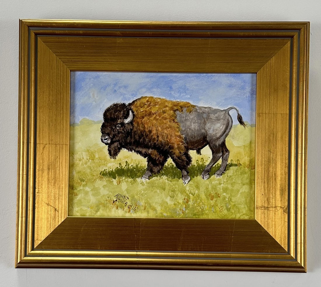 John Jones Oil on Board Buffalo Painting: 8" by 10" unframed. 12 7/8" by 15" framed. I don't remember a time when I wasn't playing with some kind of art. I think everyone has the innate ability to do masterworks. What sets an artist apart fro