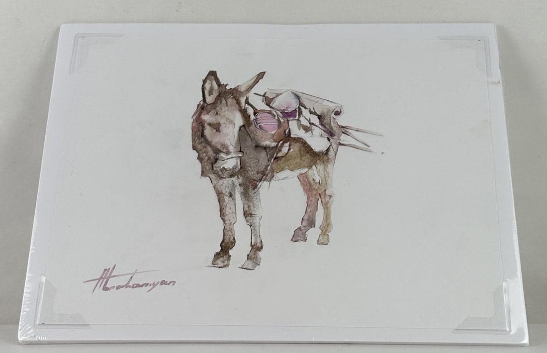 Artyom Abrahamyan Donkey Burro Watercolor Painting: 10 1/4" by 13 1/8" with backing.