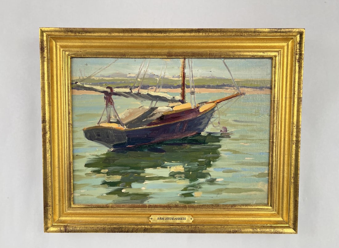 Samuel Hyde Harris California Oil Painting: Title is Anchored from Sunset Beach California. 12" by 16" unframed. 15 1/2" by 19 1/2" framed. Samuel Hyde Harris (1889 - 1977) was active/lived in California. Samuel Harris is known for Landscape an