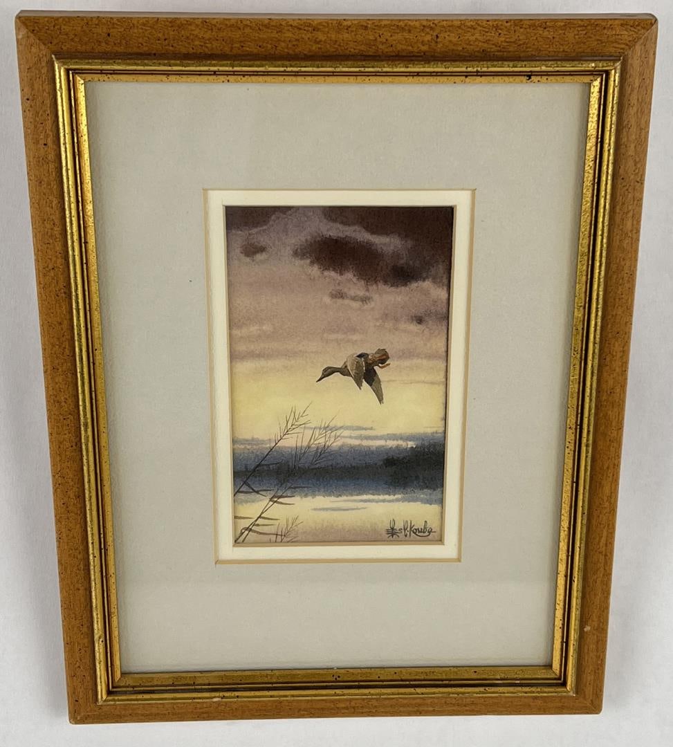 Leslie Kouba Montana Watercolor Painting: Title is The Lone Hen. 8" by 10" framed. Leslie C. Kouba (1917 - 1998) was active/lived in Minnesota. Leslie Kouba is known for Wildlife in landscape painting. Leslie C. Kouba, wildlife artist, was a 