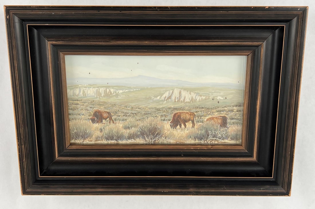Dustin Lyon Idaho Buffalo Gouache Painting: 8" by 12" framed, 4" by 8" unframed. Dustin L. Lyon (Born 1951) is active/lives in Idaho, Arizona. Dustin Lyon is known for Luminous western mountain scene painting, frontier figures and wild animals,