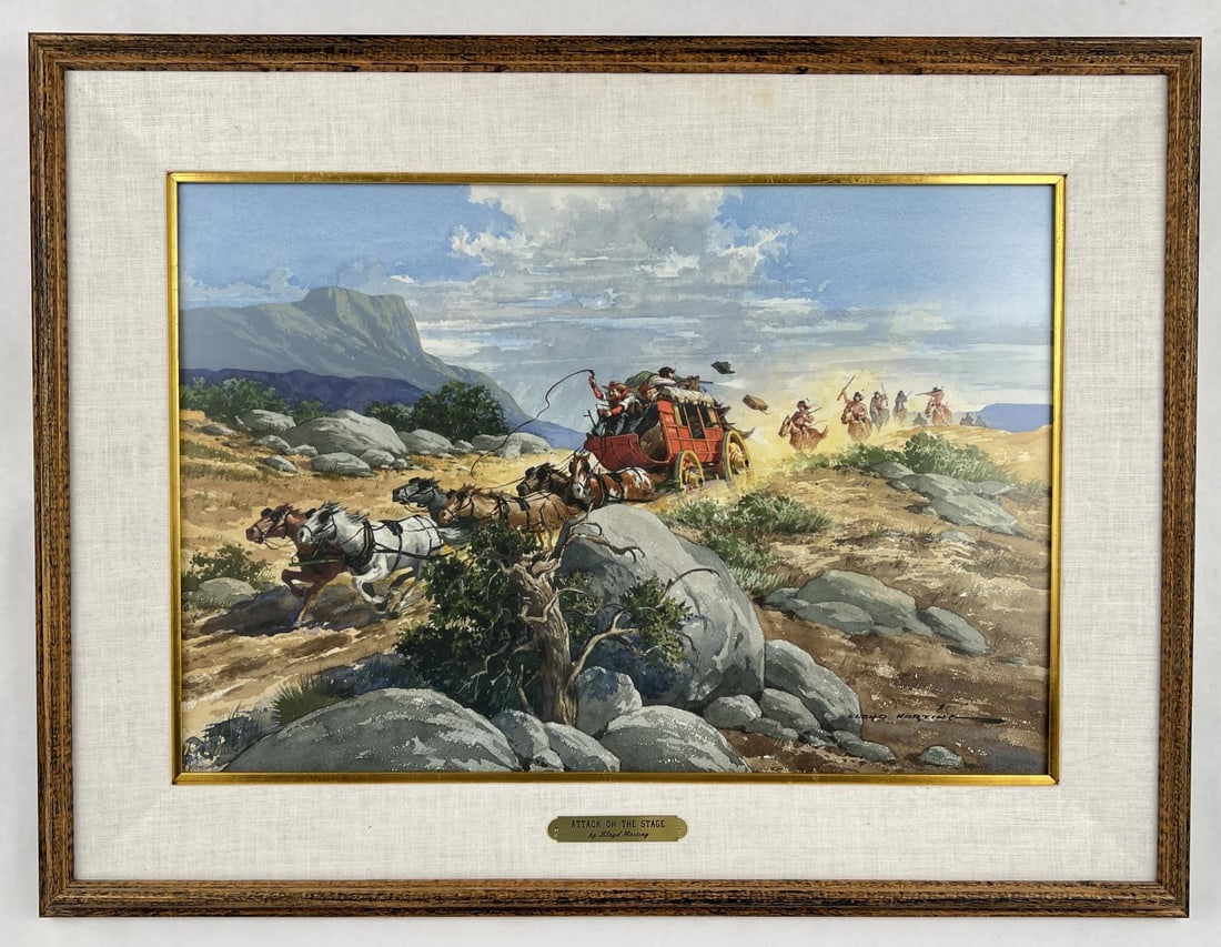Lloyd Harting Stagecoach Watercolor Painting: Title is Attack on the Stage. 15" by 22" unframed, 21 7/8" by 28 7/8" framed. Ex Favell Museum Collection. Lloyd Harting (1901 - 1974) was active/lived in California, Minnesota. Lloyd Harting is known