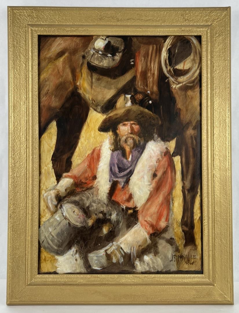 JE Knauf Oil on Canvas Cowboy Painting: Title is Bad Coffee. 18" by 24" unframed, 24 1/2" by 32 1/2" framed. J. E. Knauf (Born 1948) is active/lives in Arizona, Colorado. J Knauf is known for Figure, genre-Indian-cowboy. J. E. "Jim" Knauf (