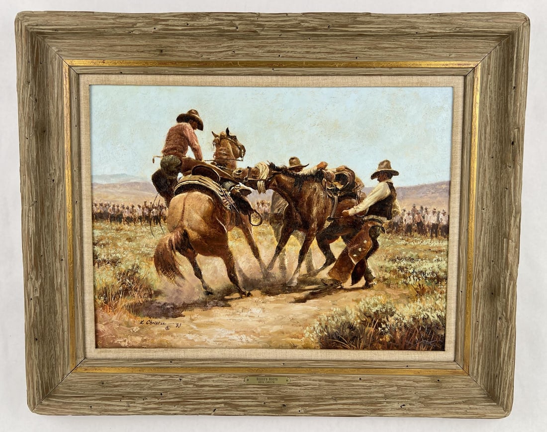 Keith Christie Oil on Canvas Cowboy Painting: 18" by 24" unframed. 26 1/2" by 32 1/2" framed. Title is Rodeo Roots. Keith Christie (1935 - 2017) was active/lived in California, Minnesota. Keith Christie is known for Cowboy genre, horse, sculpture