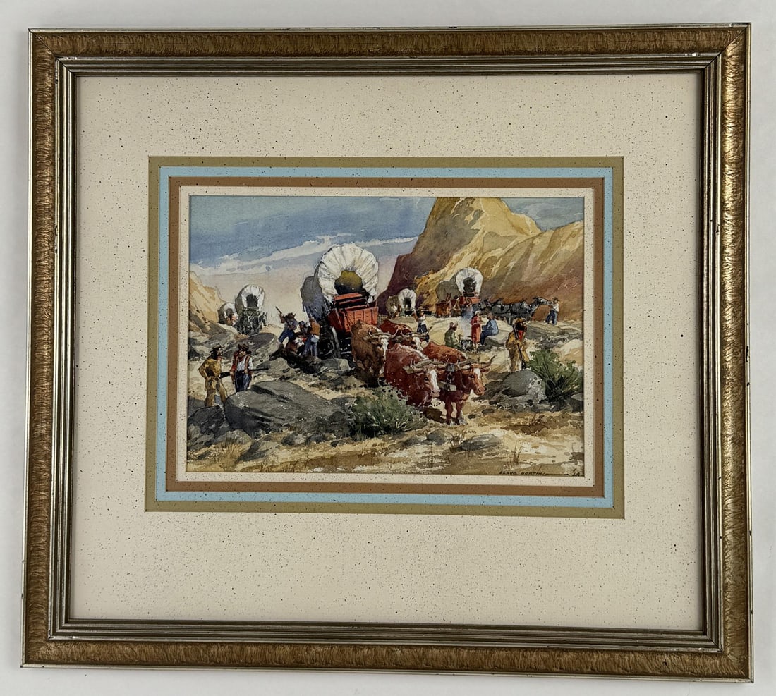 Lloyd Harting Wagon Train Watercolor Painting: Title is Westward Ho. 9" by 12" unframed. 20" by 22 1/2" framed. Lloyd Harting (1901 - 1974) was active/lived in California, Minnesota. Lloyd Harting is known for Illustration, animation, watercolor w