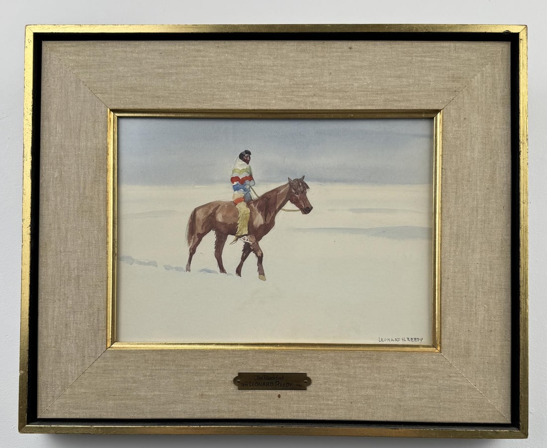 Leonard Reedy Blackfoot Indian Watercolor Painting: Montana. 13 1/4" by 16 1/4" framed. Leonard Howard Reedy (1899 - 1956) was active/lived in Illinois. Leonard Reedy is known for Western theme painting. Leonard Reedy was a landscape and figure painter