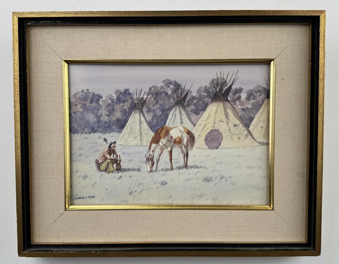 Leonard Reedy Blackfoot Indian Watercolor Painting: Montana. 13 1/4" by 16 1/4" framed. Leonard Howard Reedy (1899 - 1956) was active/lived in Illinois. Leonard Reedy is known for Western theme painting. Leonard Reedy was a landscape and figure painter