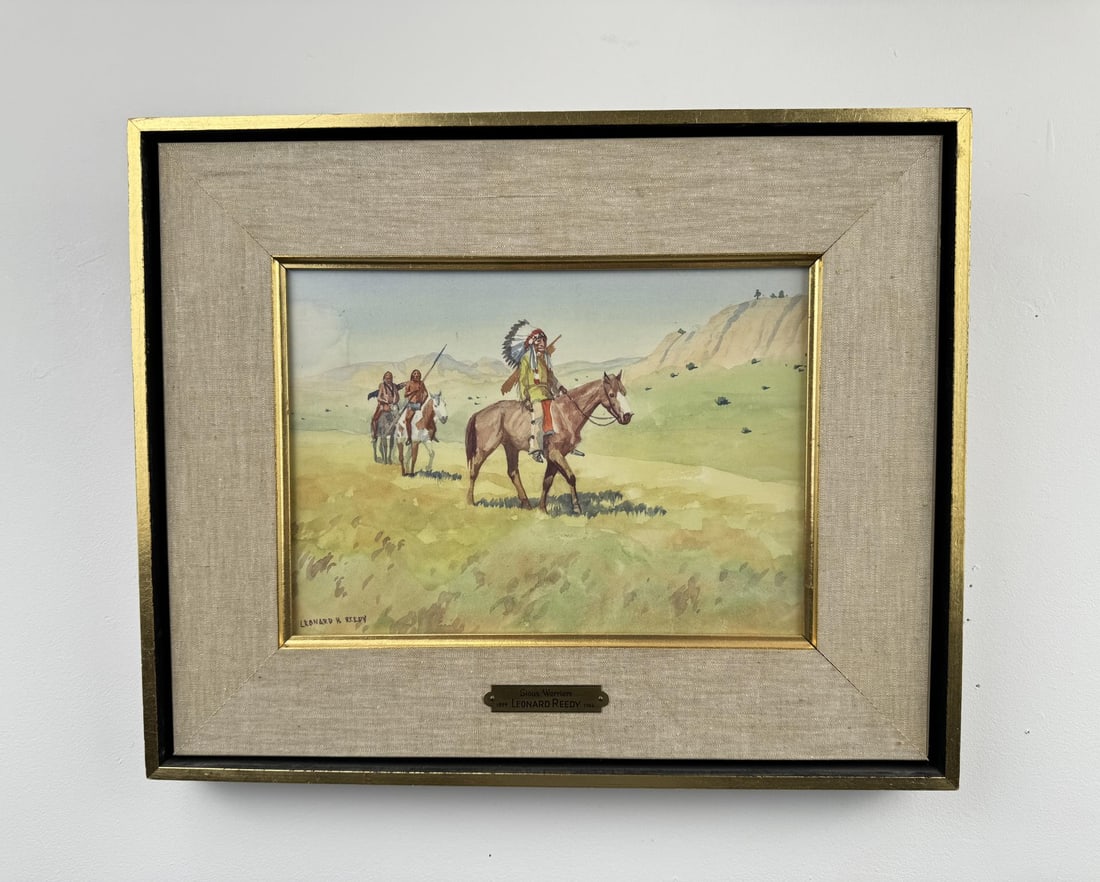 Leonard Reedy Sioux Indian Watercolor Painting: 13 1/4" by 16 1/4" framed. Leonard Howard Reedy (1899 - 1956) was active/lived in Illinois. Leonard Reedy is known for Western theme painting. Leonard Reedy was a landscape and figure painter, born in