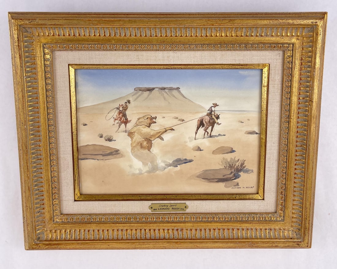Leonard Reedy Cowboy Sport Watercolor Painting: 15" by 18 1/2" framed. Leonard Howard Reedy (1899 - 1956) was active/lived in Illinois. Leonard Reedy is known for Western theme painting. Leonard Reedy was a landscape and figure painter, born in Chi