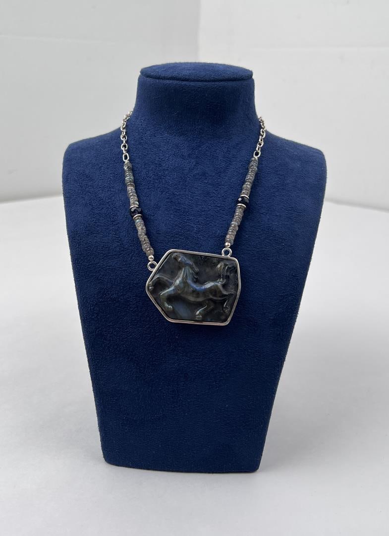 Sterling Silver Labradorite Horse Necklace: 11 1/2" long.