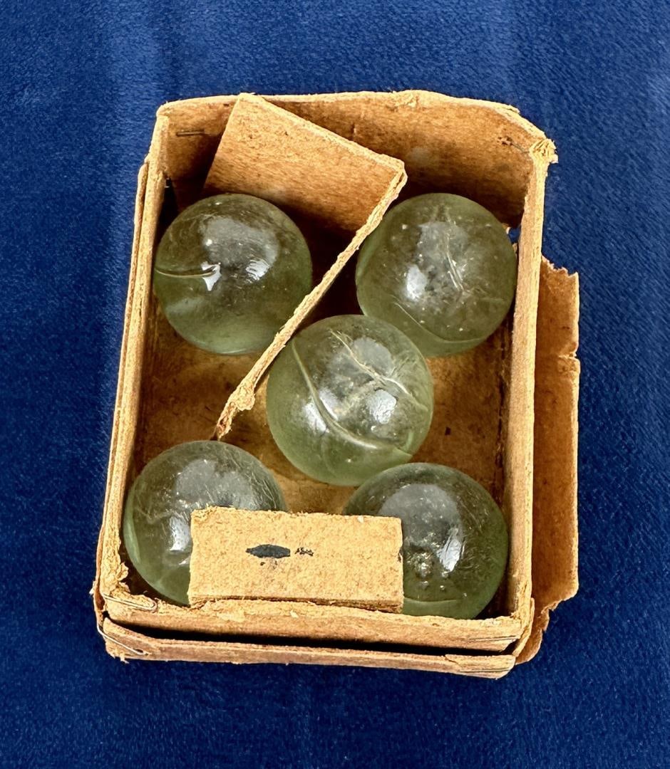 Antique Clear Marbles: In original box. Just under 1" diameter.