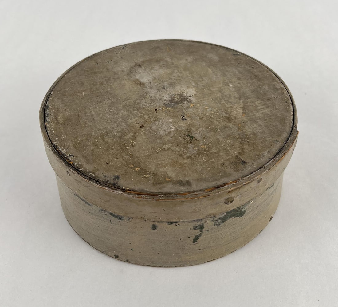 Antique Shaker Painted Bent Wood Pantry Box: Buttermilk paint over original paint. Measures 2 3/4" tall by 6 1/2" in diameter.