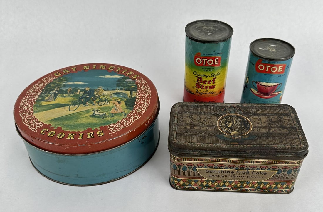 Collection Antique Country Store Tins: 4 Pieces. All are empty. OTOE, Gay Nineties, Sunshine Fruit Cake.