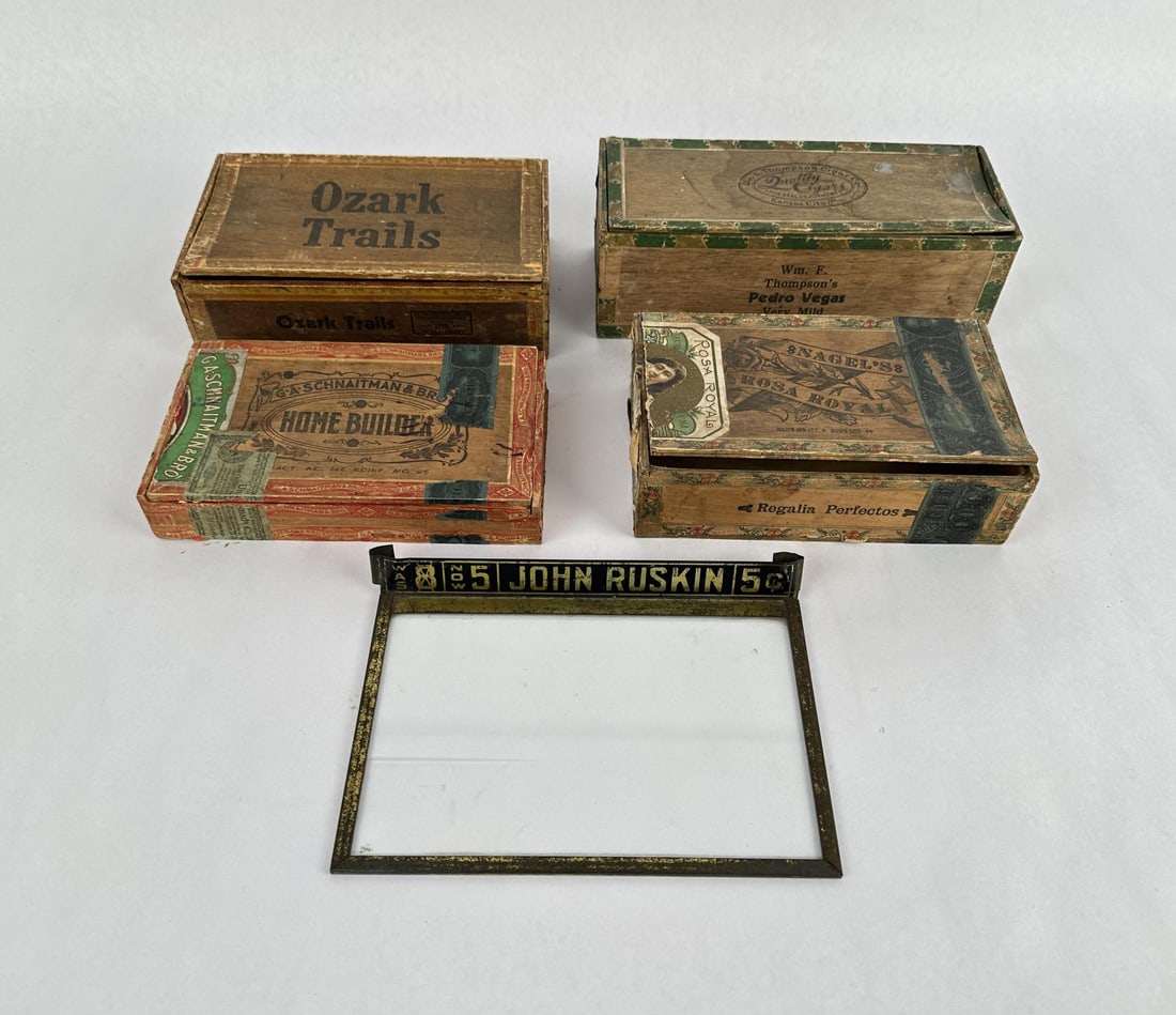 Group of Antique Cigar Boxes: 5 pieces. Ozark Trail box is 8 1/2" wide.