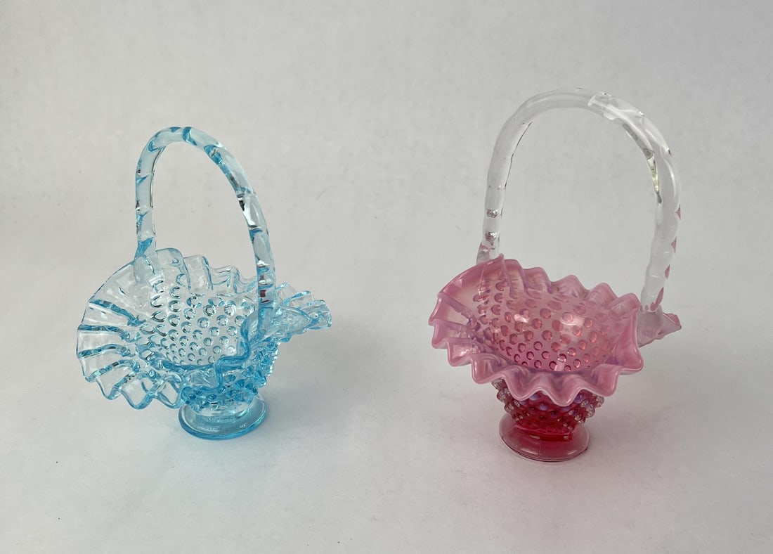 Fenton Cranberry and Blue Hobnail Glass Baskets: Very nice grouping. Largest is 5 7/8" tall.