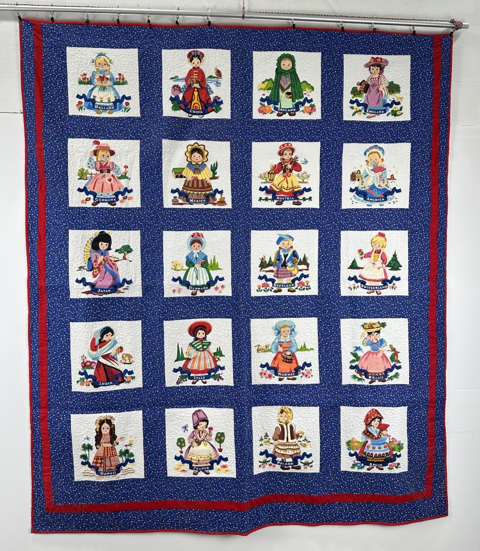 Vintage Dolls of the World Quilt: 74" by 86 1/2".