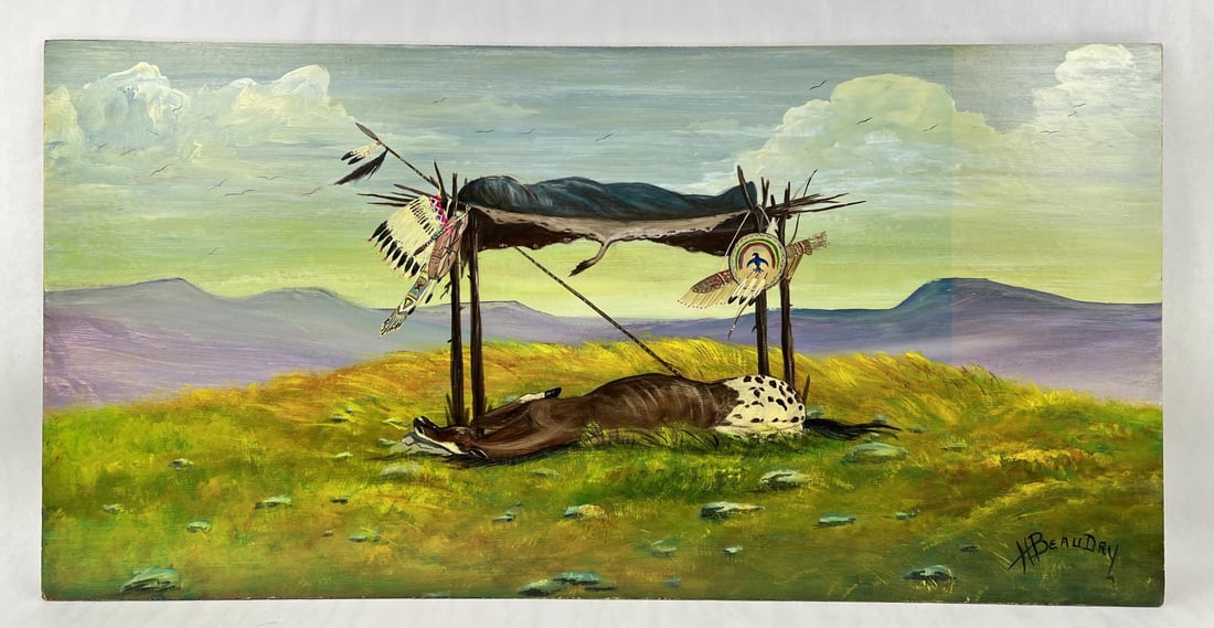 Henry Beaudry Canadian First Nation Oil Painting: Oil on Board. Title is A Warrior's Burial. 24" by 48". Henry Beaudry (Born 1921) is active/lives in Saskatchewan / Canada. Henry Beaudry is known for First Nation subject painting. Henry Beaudry is or