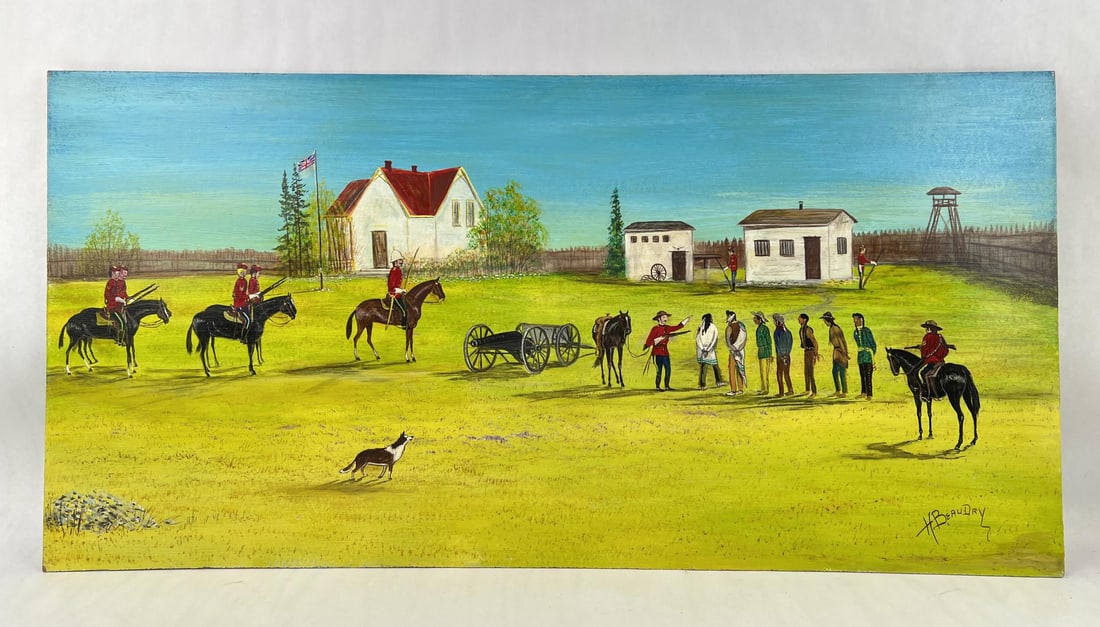 Henry Beaudry Canadian First Nation Oil Painting: Oil on Board. Title is Cree Warriors Going to Jail at Fort Battleford after the Riel Rebellion. 24" by 48". Henry Beaudry (Born 1921) is active/lives in Saskatchewan / Canada. Henry Beaudry is known f