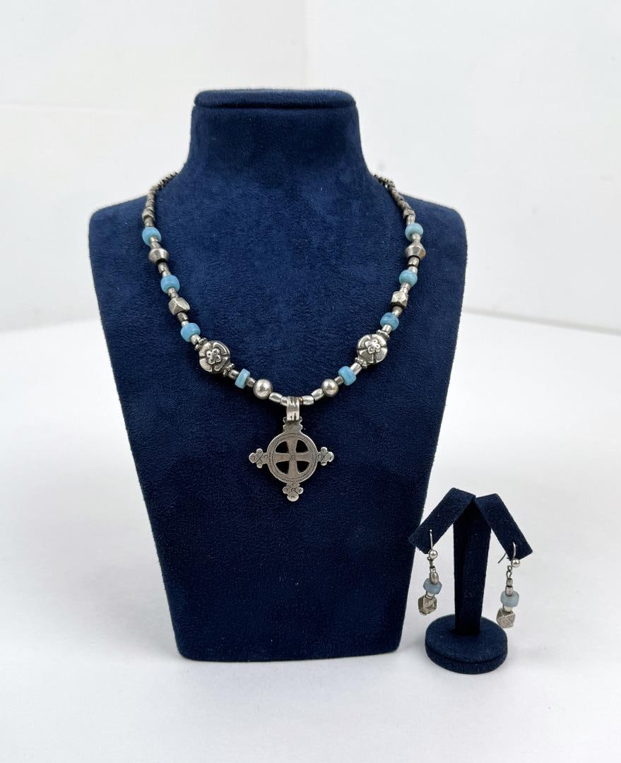 Berber Silver and Turquoise Cross Necklace: Also comes with earrings.