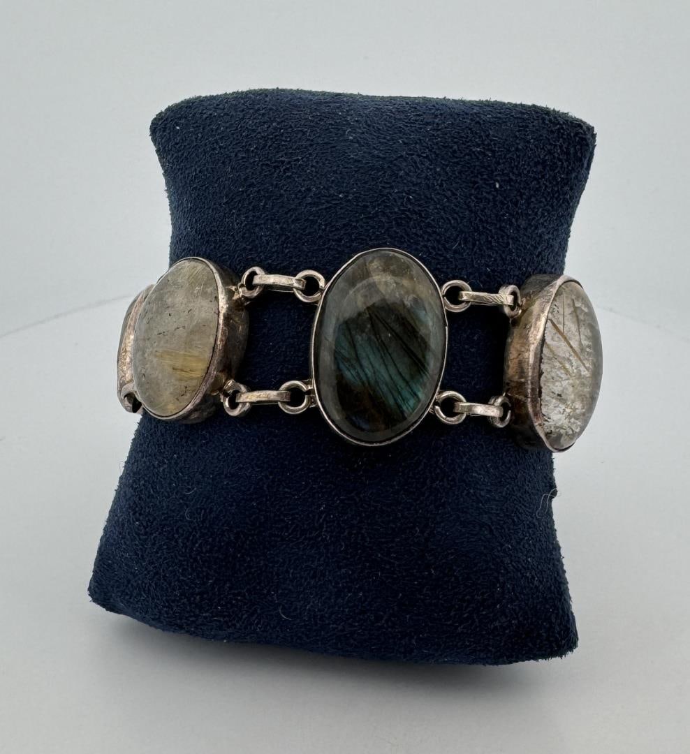 Starborn Sterling Silver Fossil Bracelet: Labradorite, Rutilated Quartz, Ammonite Fossil. 7 3/4" long.