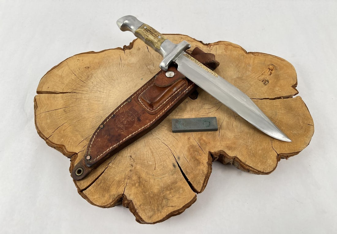 Rudy RH Ruana Bonner Montana 30A Bowie Knife: Bullwhip M signed blade. 14 3/8" long. Gorgeous old knife.