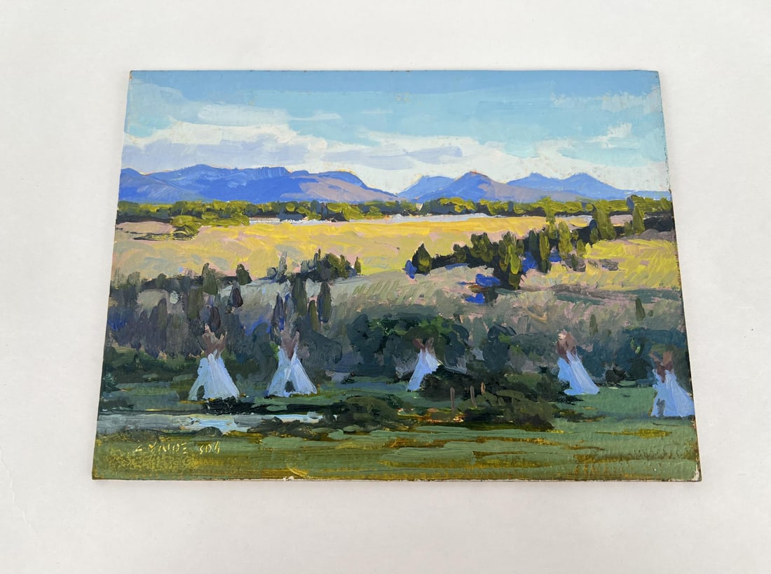 Taylor Lynde Montana Indian Camp Oil Painting: 6" by 8". Title is Five Tipis. Taylor Lynde is a fourth generation resident of Montana. His career has been influenced by two men, artist Scott Switzer and his high school art teacher, Michael Kosorok