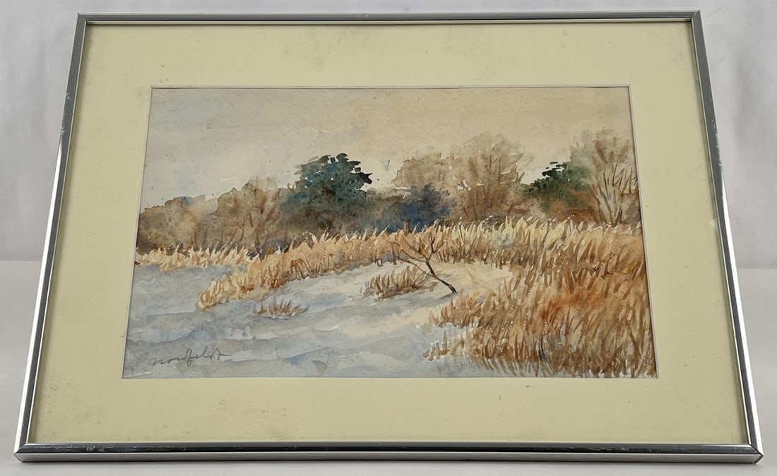 Bror Nordfeldt New Mexico Watercolor Painting: Santa Fe New Mexico in Winter. 9 1/2" by 14 1/2" unframed. 14 1/4" by 19 3/8" framed. Bror Julius Olsson Nordfeldt (1878 - 1955) was active/lived in New Mexico, New Jersey, Kansas / Sweden. Bror Nordf